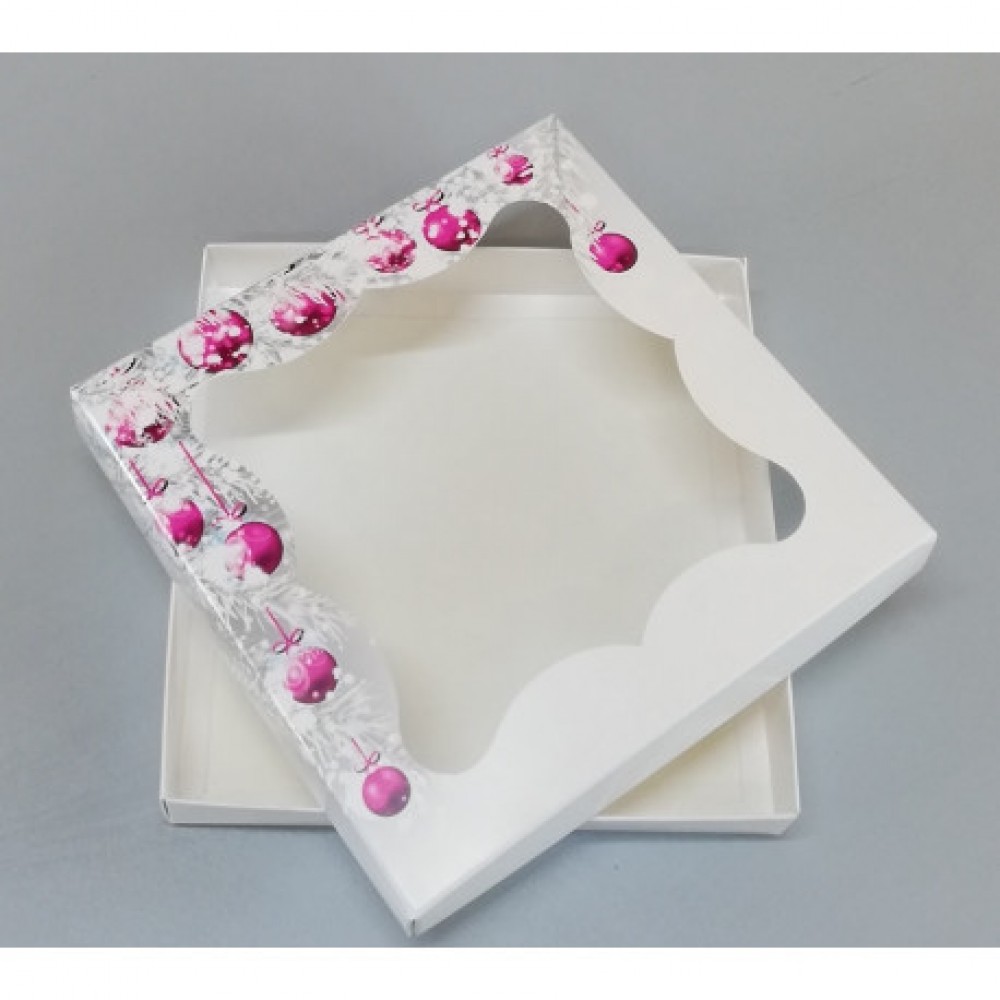 Коробка транспортувальна для пряників 200*200*30 (принт новорічні іграшки) К09