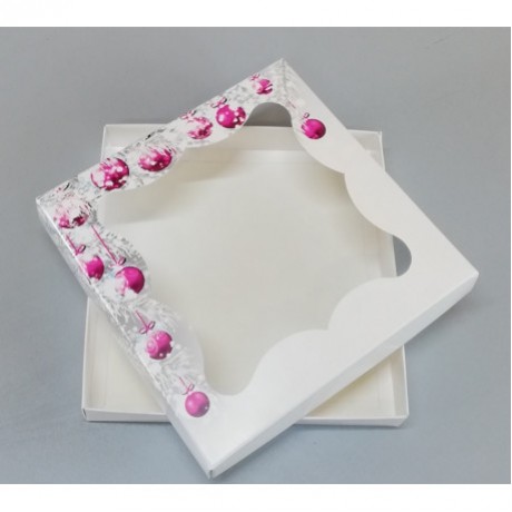 Коробка транспортувальна для пряників 200*200*30 (принт новорічні іграшки) К09