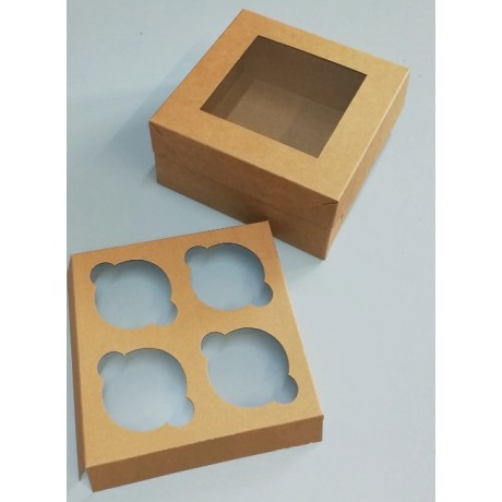 Коробка с окошком для 4 маффинов бурая KPK53