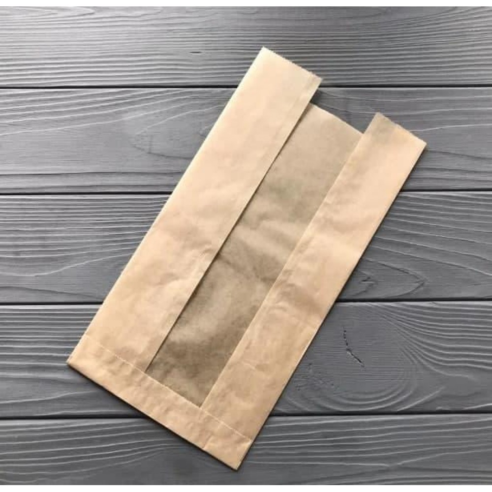 Пакет коричневий з прозорою вставкою 300х160х60 мм. 40гр/м2 170Ф