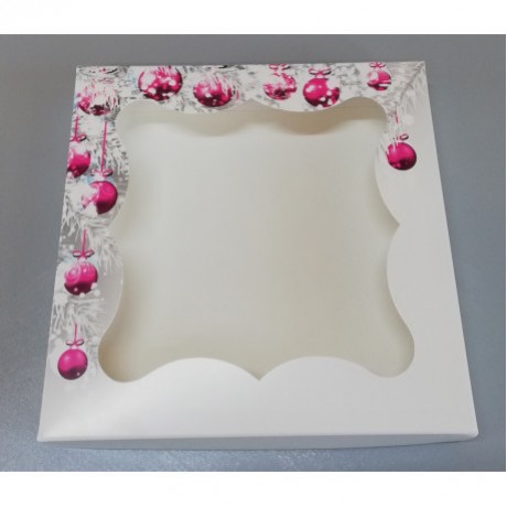 Коробка транспортувальна для пряників 200*200*30 (принт новорічні іграшки) К09